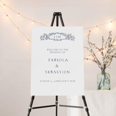 Elegant Blue botanical crest monogram Welcome sign