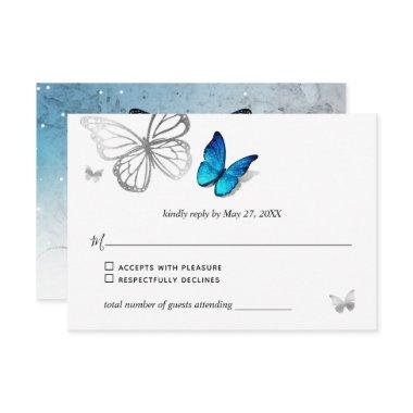 Elegant Blue Butterfly Rustic Watercolor Wedding RSVP Card