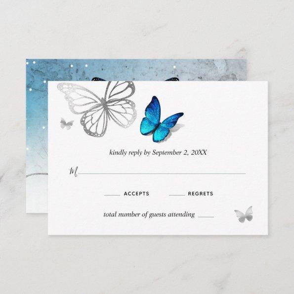 Elegant Blue Butterfly Rustic Watercolor Wedding RSVP Card