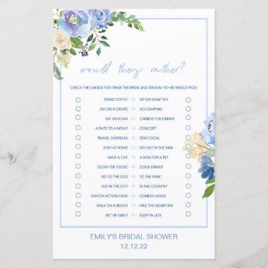 Elegant Blue Floral Bridal Shower Game Printed