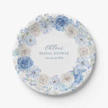 Elegant Blue Floral Bridal Shower Paper Plates