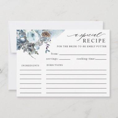 Elegant Blue Floral Bridal Shower Recipe Invitations