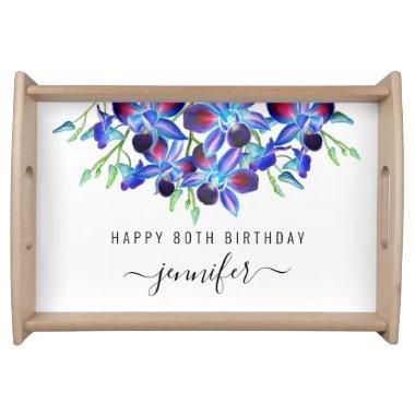 Elegant Blue Floral Orchids 80th Birthday Name Serving Tray