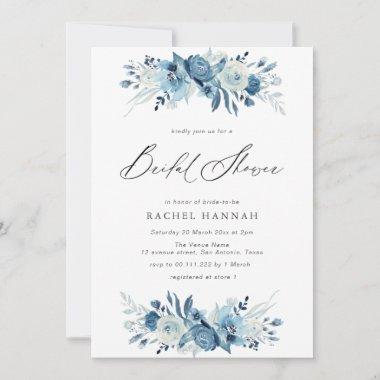 Elegant blue floral script bridal shower Invitations