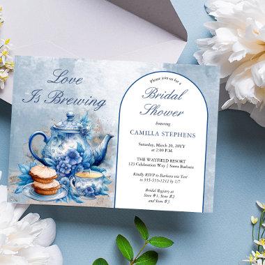 Elegant Blue Floral Tea Set Bridal Shower Tea Invitations