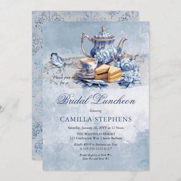 Elegant Blue Floral Teacup Bridal Luncheon Tea Invitations