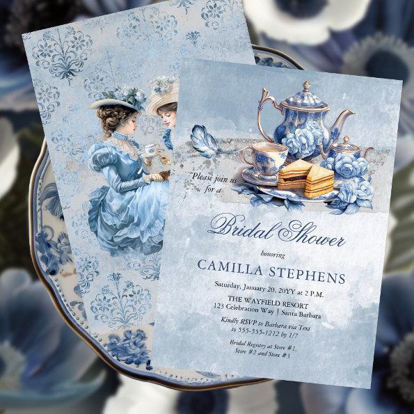 Elegant Blue Floral Teacup Bridal Shower Tea Invitations