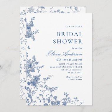 Elegant Blue French Garden Floral BRIDAL SHOWER Invitations