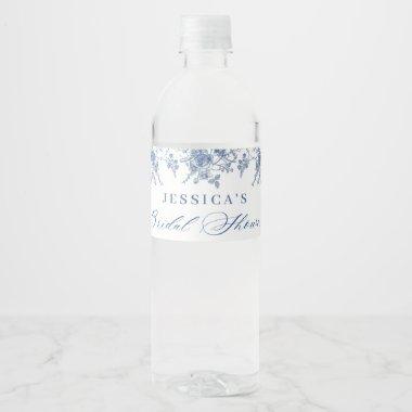 Elegant Blue French Garden Floral Bridal Shower Water Bottle Label