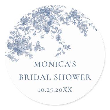 Elegant Blue French Garden Flowers Bridal Shower Classic Round Sticker