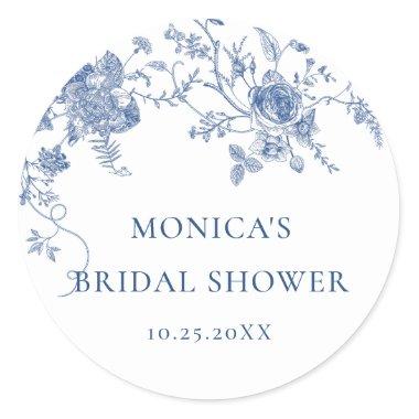 Elegant Blue French Garden Flowers Bridal Shower Classic Round Sticker