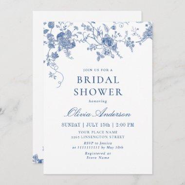 Elegant Blue French Garden QR code BRIDAL SHOWER Invitations