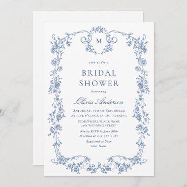 Elegant Blue French Roses Toile Bridal Shower Invitations