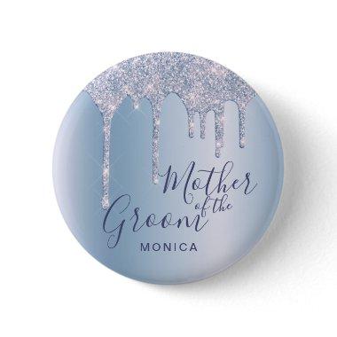 Elegant blue glitter drips mother of the groom button