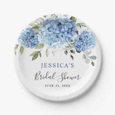 Elegant Blue Hydrangea Eucalyptus Bridal Shower Paper Plates