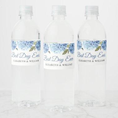 Elegant Blue Hydrangea Eucalyptus Wedding Water Bottle Label