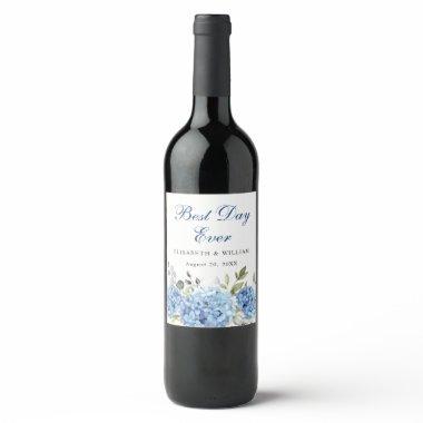 Elegant Blue Hydrangea Eucalyptus Wedding Wine Label