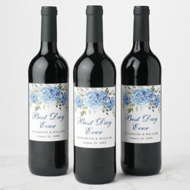 Elegant Blue Hydrangea Eucalyptus Wedding Wine Label