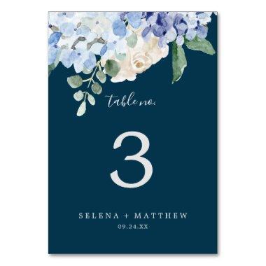 Elegant Blue Hydrangea | Navy Table Number