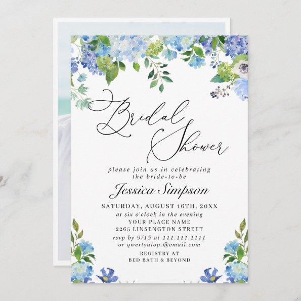 Elegant Blue Hydrangea Watercolor Bridal Shower In Invitations