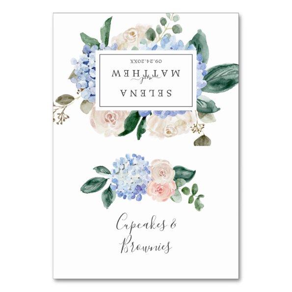Elegant Blue Hydrangea | White Buffet Food Labels Table Number