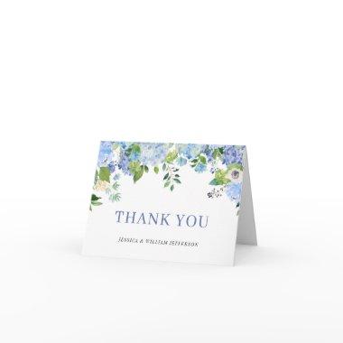 Elegant Blue Hydrangeas Greenery Watercolor Thank You Invitations