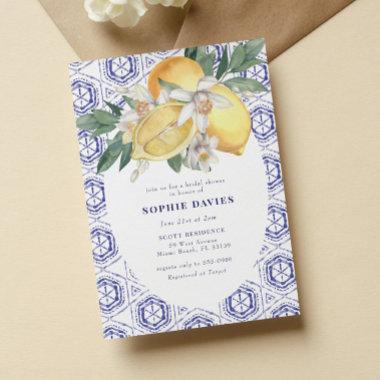 Elegant Blue Mediterranean Lemon Bridal Shower Invitations