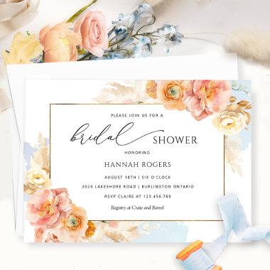 Elegant Blue Peach and Blush Bridal Shower Invitations
