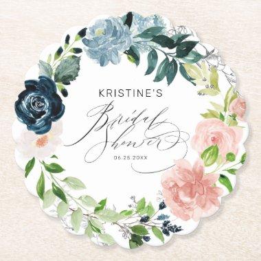 Elegant Blue Pink Rose Floral Wreath Bridal Shower Paper Coaster