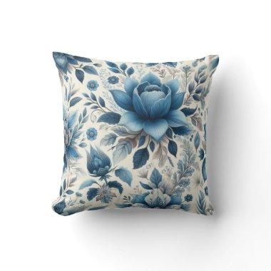 Elegant Blue Rose and White: Boho Flowers Pattern Throw Pillow