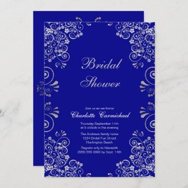 Elegant Blue Silver Swirl Script Bridal Shower Invitations
