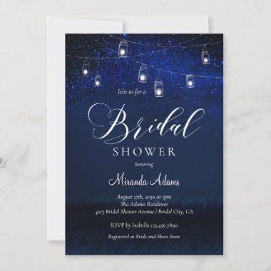 Elegant Blue Starry Night Mason Jar Bridal Shower Invitations