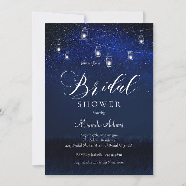 Elegant Blue Starry Night Mason Jar Bridal Shower Invitations