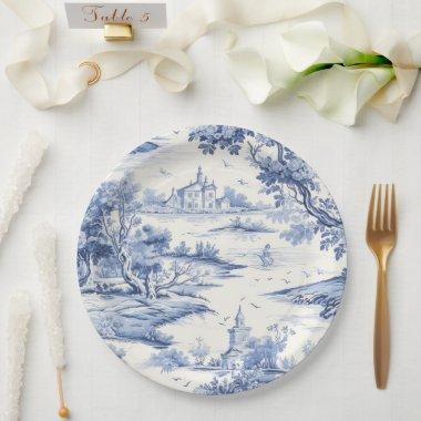 Elegant Blue Toile French Classic Porceline Style Paper Plates