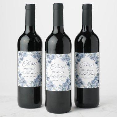 Elegant Blue Watercolor Floral Bridal Shower Wine Label