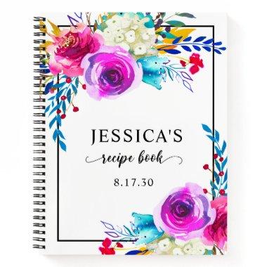 Elegant Blue Watercolor Floral Shower Recipe Notebook