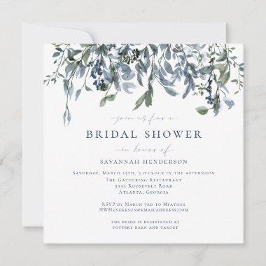 Elegant Blue Watercolor Floral Vines Bridal Shower Invitations