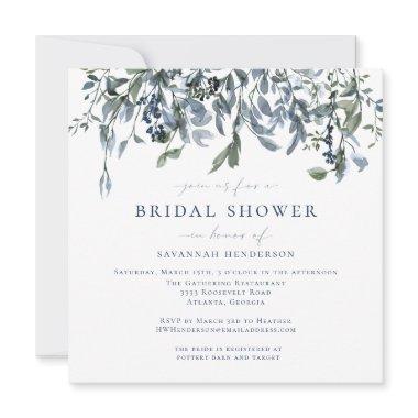 Elegant Blue Watercolor Floral Vines Bridal Shower Invitations