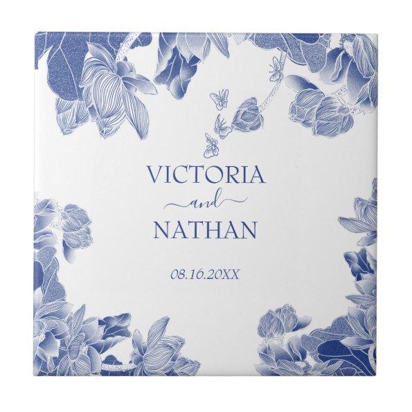 Elegant Blue White Chinoiserie Chic Floral Wedding Ceramic Tile