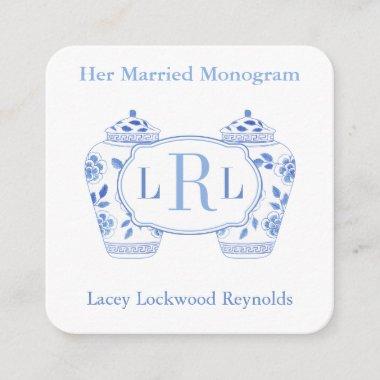 Elegant Blue White Married Monograms Bridal Shower Enclosure Invitations