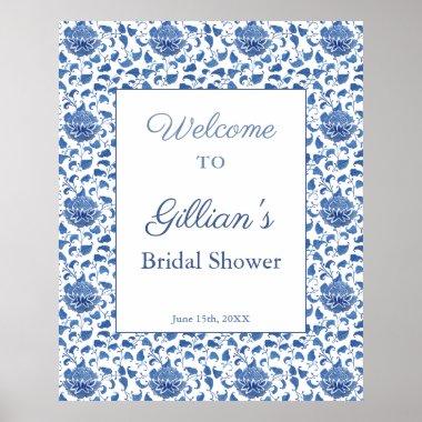 Elegant Blue White Pattern Bridal Shower Welcome Poster