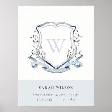 elegant Blue Wildflower Monogram Crest Birth Stat Poster