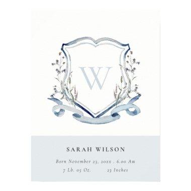 elegant Blue Wildflower Monogram Crest Birth Stat Poster