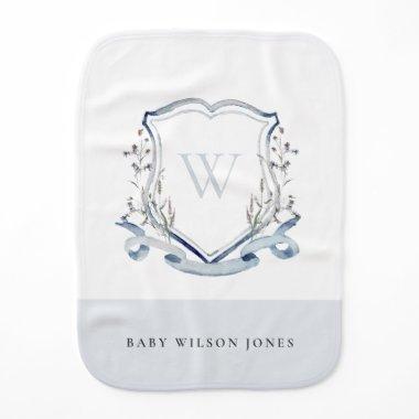 Elegant Blue Wildflower Watercolor Monogram Crest Baby Burp Cloth