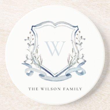 Elegant Blue Wildflower Watercolor Monogram Crest Coaster