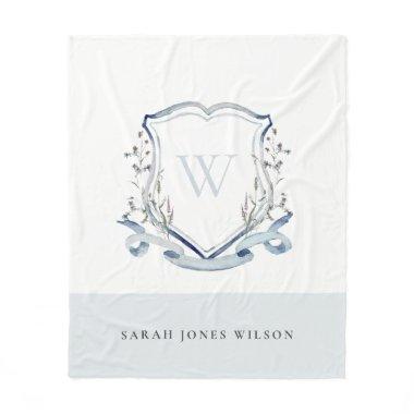 Elegant Blue Wildflower Watercolor Monogram Crest Fleece Blanket