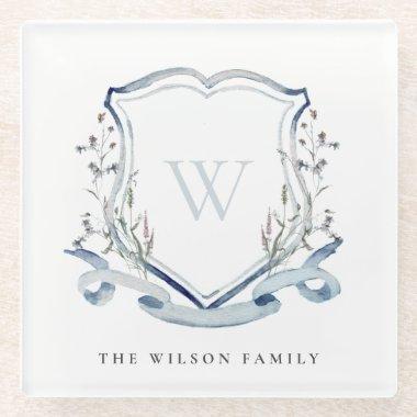Elegant Blue Wildflower Watercolor Monogram Crest Glass Coaster