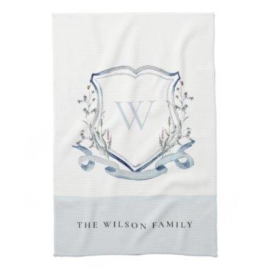 Elegant Blue Wildflower Watercolor Monogram Crest Kitchen Towel