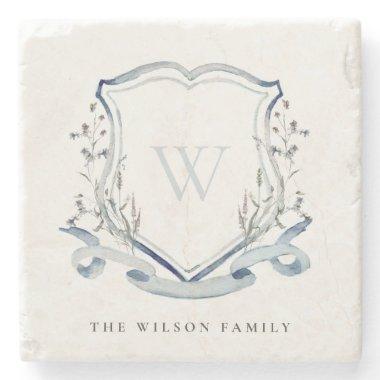 Elegant Blue Wildflower Watercolor Monogram Crest Stone Coaster