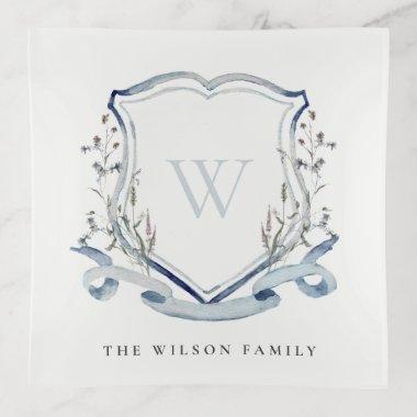 Elegant Blue Wildflower Watercolor Monogram Crest Trinket Tray